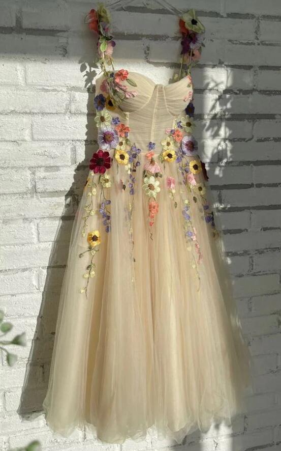 Light Champagne Ankle-length Formal Party Dresses 3d Flowers