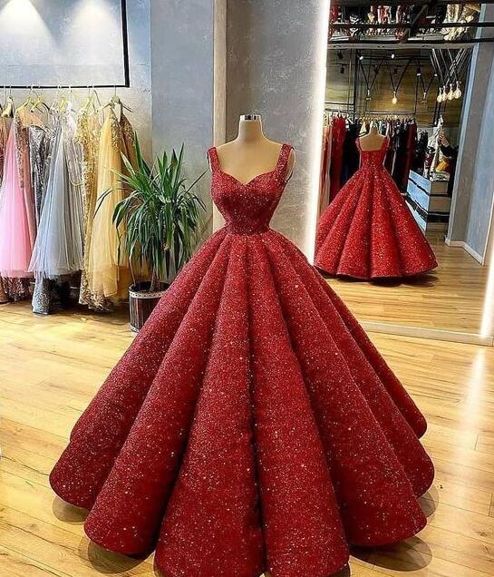 A-line Burgundy Ball Gown Sequin Prom Dresses