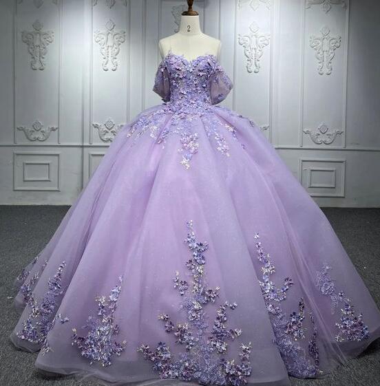 Off Shoulder A-line Purple Ball Gown Prom Dresses