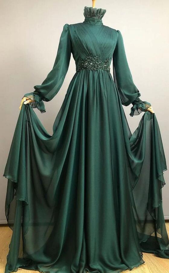 A Line High Neck Long Appliques Full Sleeve Muslim Prom Dresses
