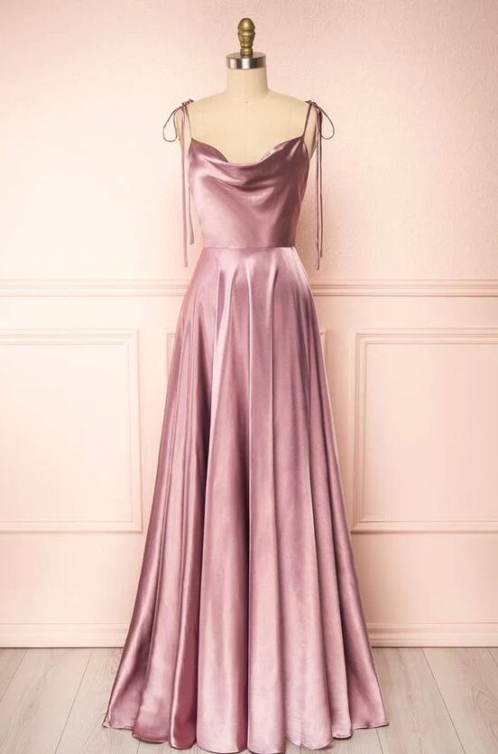 A-Line Cowl Neck Long Formal Pink Prom Dress