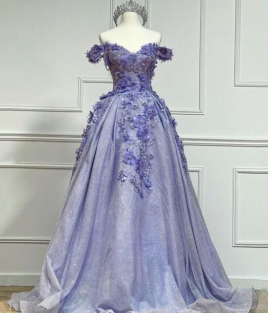 A Line Purple Tulle Lace Long Ball Gown Dress