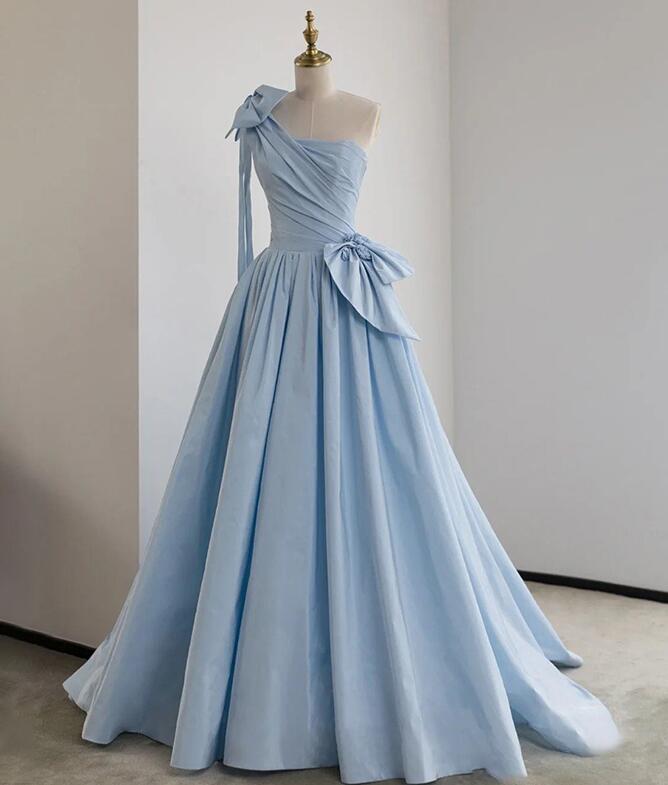 Elegant One Shoulder Blue Stain Formal Prom Dresses