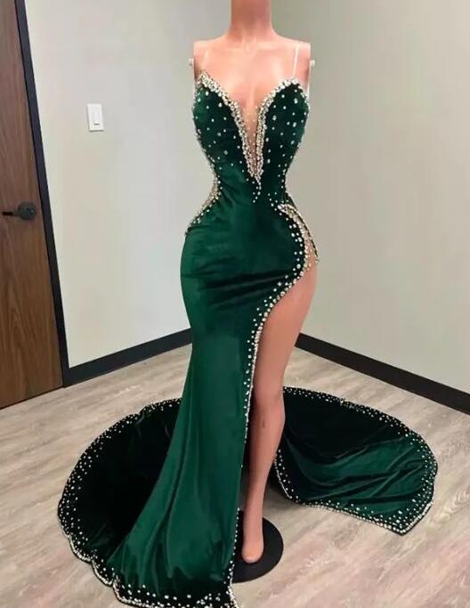 Mermiad Hunter Green Velvet Prom Dresses Evening Dress