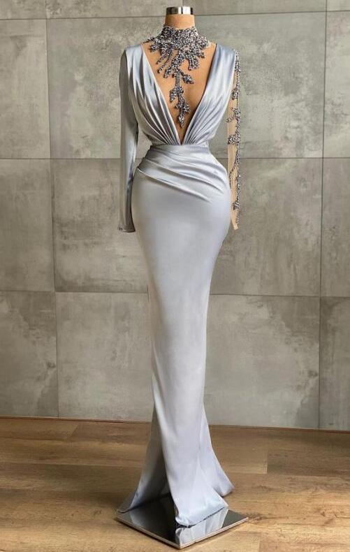 A Line High Neck Beaded Long Sleeve Modest Silver Prom Dresses
