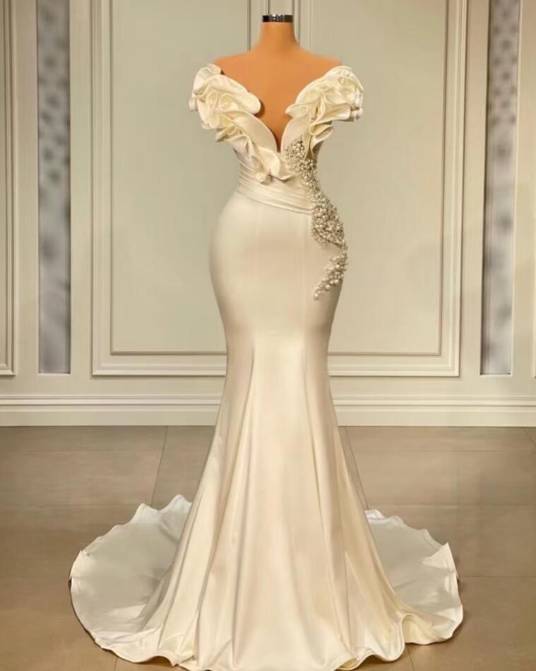 ivory beaded prom dress Sweetheart Ivory Beaded Ivory High Split Court Train Prom Dresses main image 1
