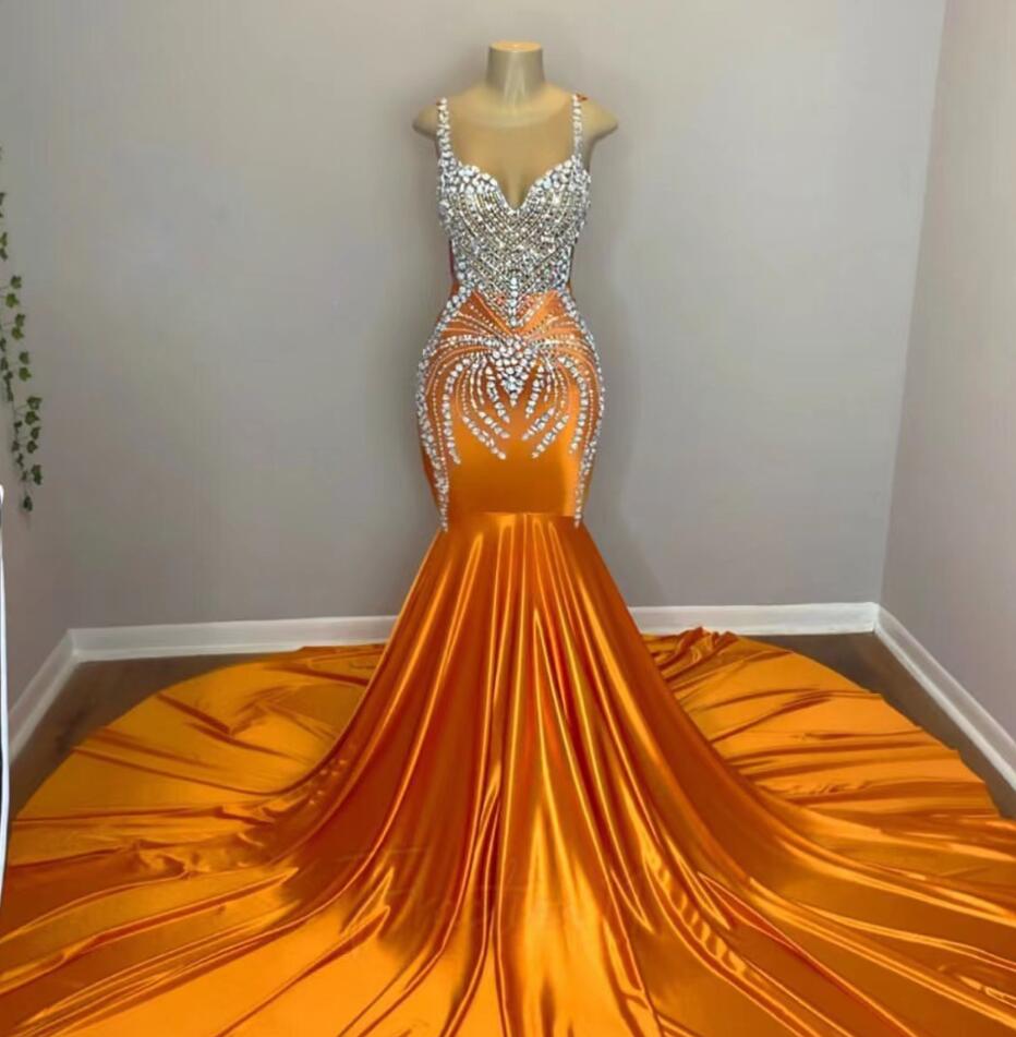 Spaghetti Straps Plus Size Orange Prom Dresses Beaded