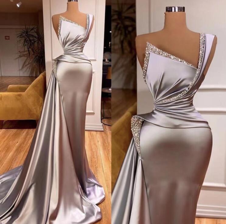 One Shoulder Beaded Vintage Silver Prom Gown