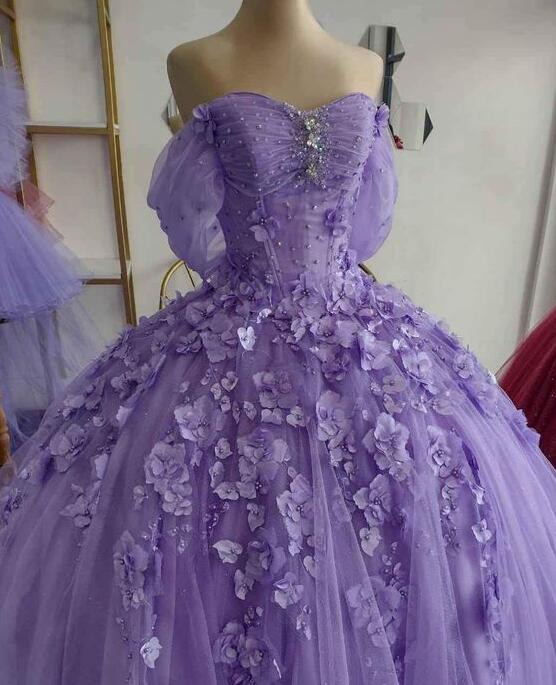 Off Shoulder Purple Ball Gown Prom Dresses With Flowers