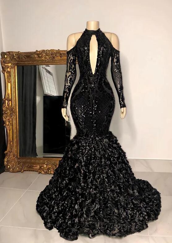 A Line Black Sequin Long Prom Dresses