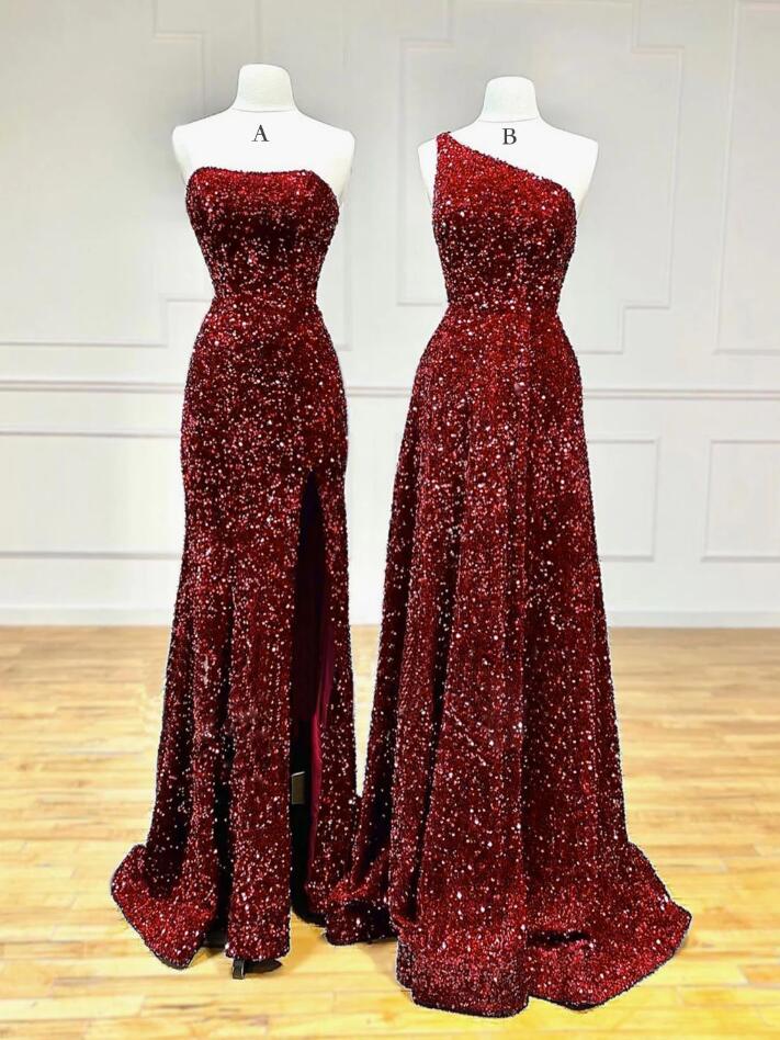 Pretty Mermaid Strapless Sequin Burgundy Long Ruffles Slit Prom Dresses Formal Evening Dress main image 0