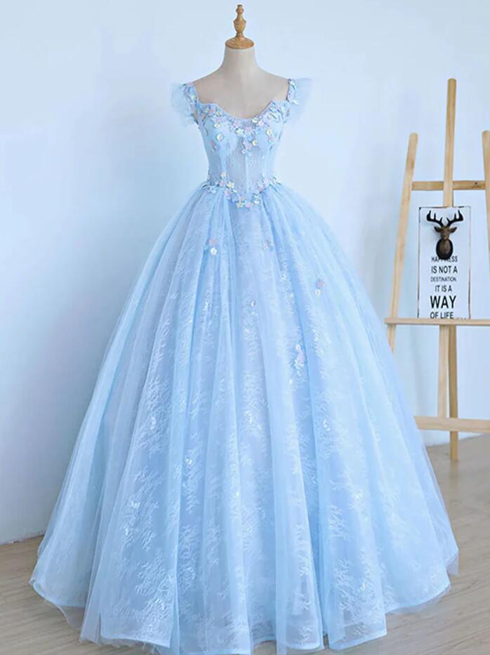 A-line Blue Tulle Lace Long Prom Dresses
