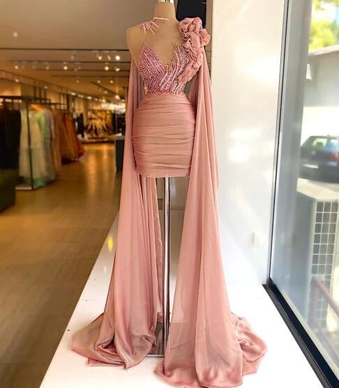 A Line Pink Prom Dresses, Mini Prom Dresses With Beading