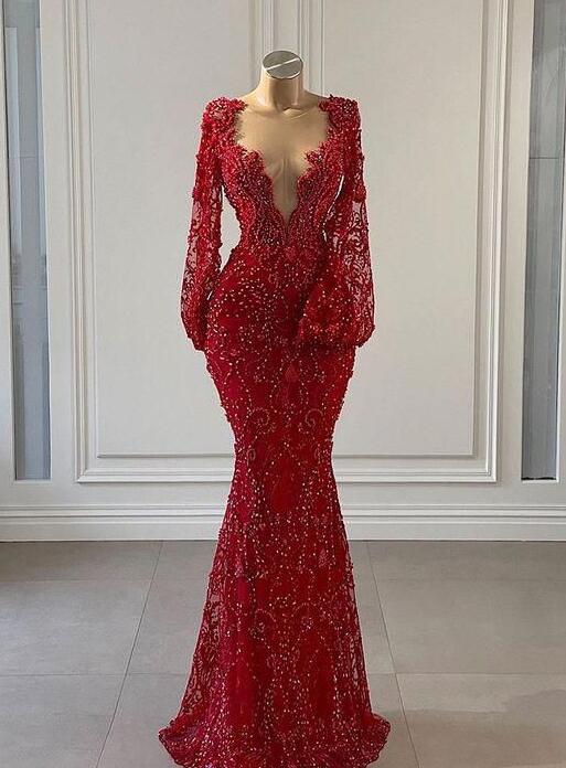 Mermaid Wine Red Prom Dress With Long Sleeve Lace