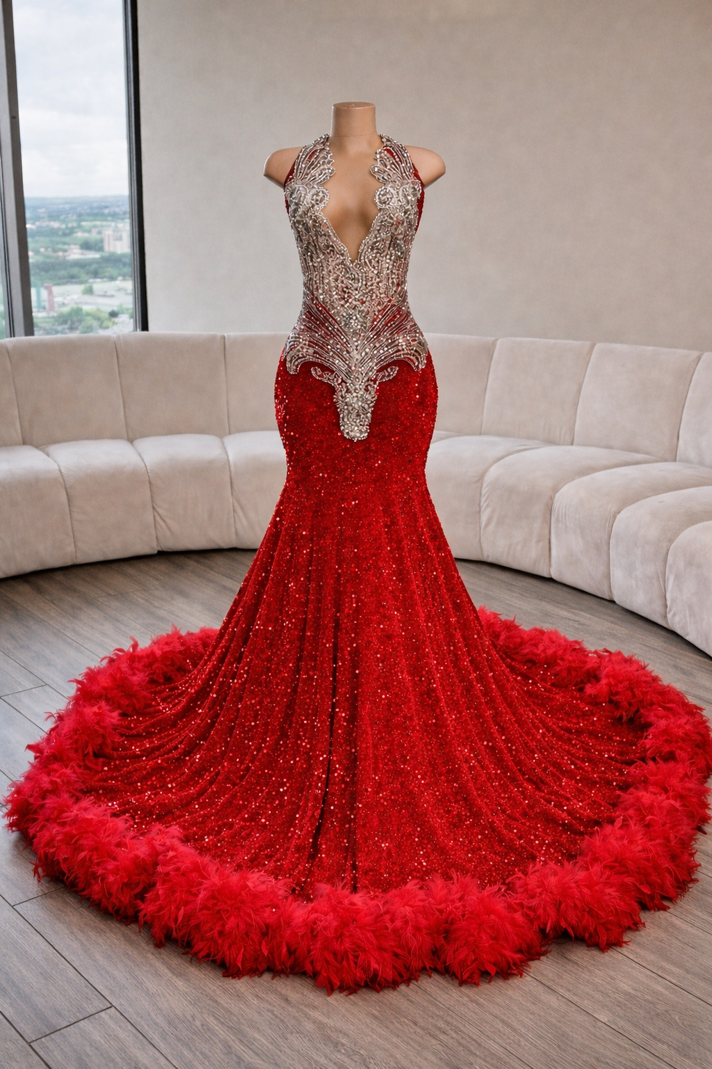 Red Sequin Mermaid Prom Dress With Silver Beaded Deep V Neck And Feather Train