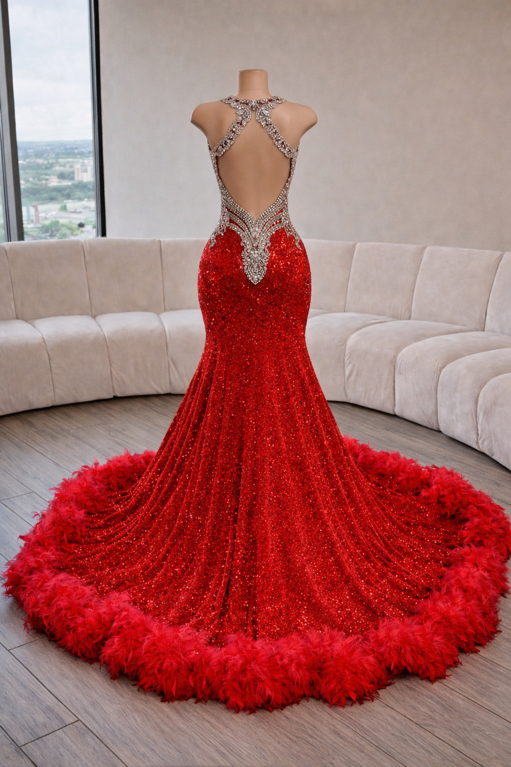 red sequin mermaid prom dress Red Sequin Mermaid Prom Dress With Silver Beaded Deep V Neck And Feather Train