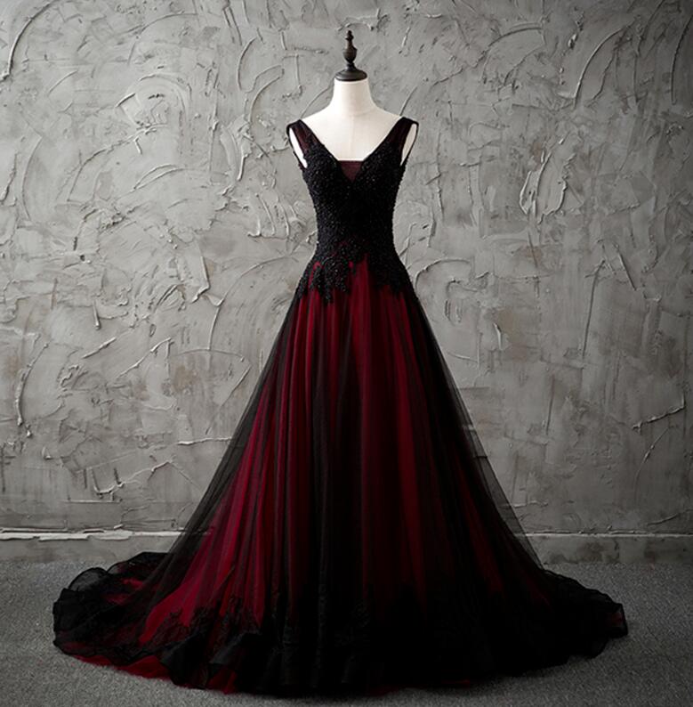 gothic red prom dress Elegant Red Gothic Tiered Ball Gown, Strapless Sweetheart Ruffle Prom Dress