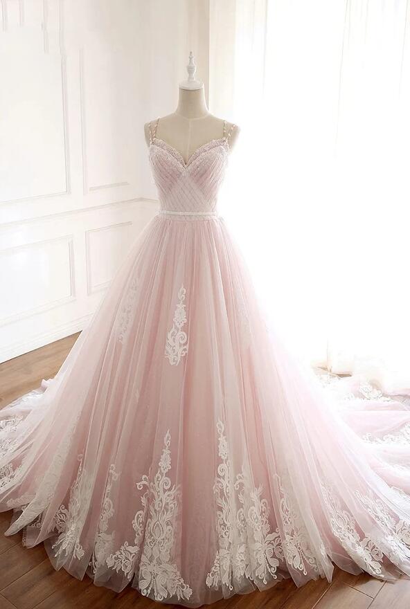 Mermaid Pink Tulle Prom Dress With Lace Appliques