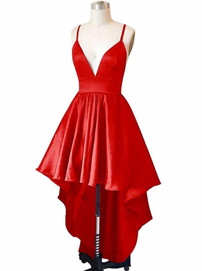 Straps Red Satin High Low Straps Homecoming Dresses
