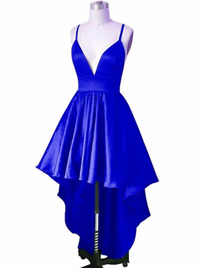 Royal Blue High Low Deep V-neckline Homecoming Dresses