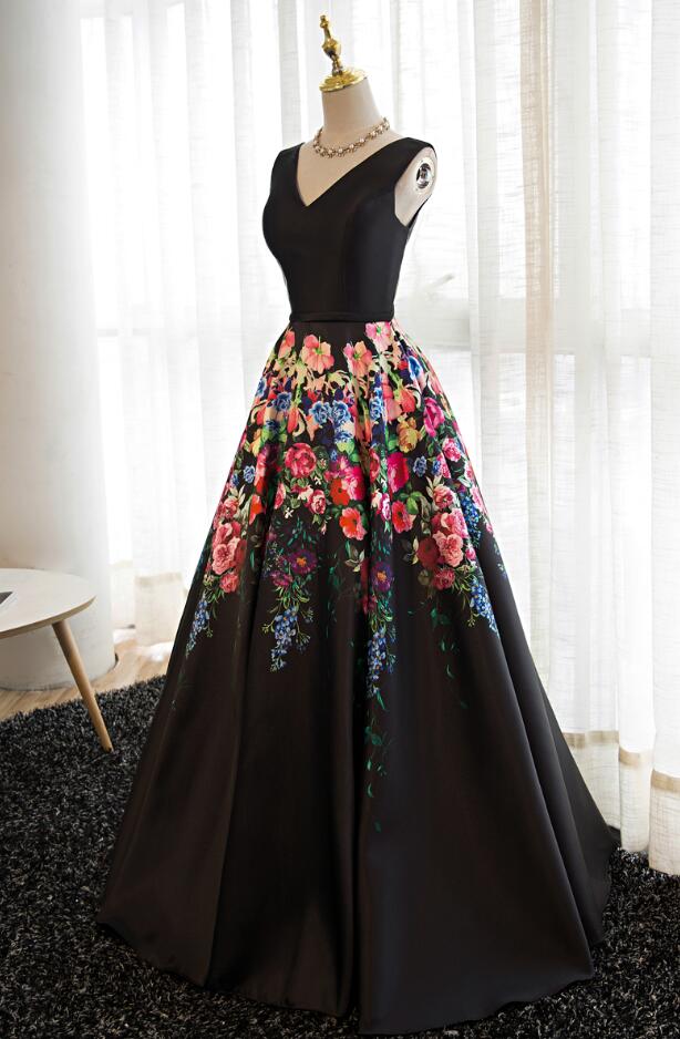 Charming Black Floral Satin V-neckline Prom Dresses