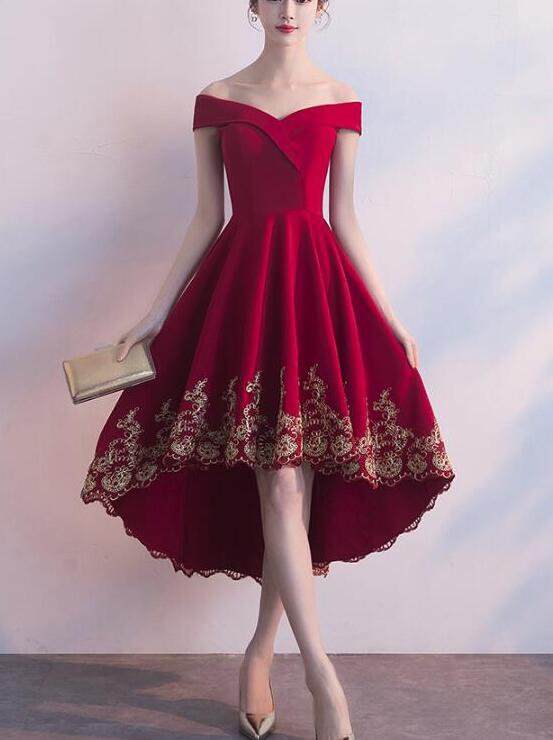 Simple Red High Low Prom Dresses With Gold Applique