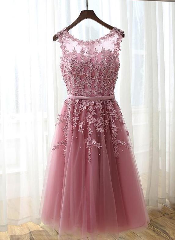 Dark Pink Tea Length Lace Party Dresses