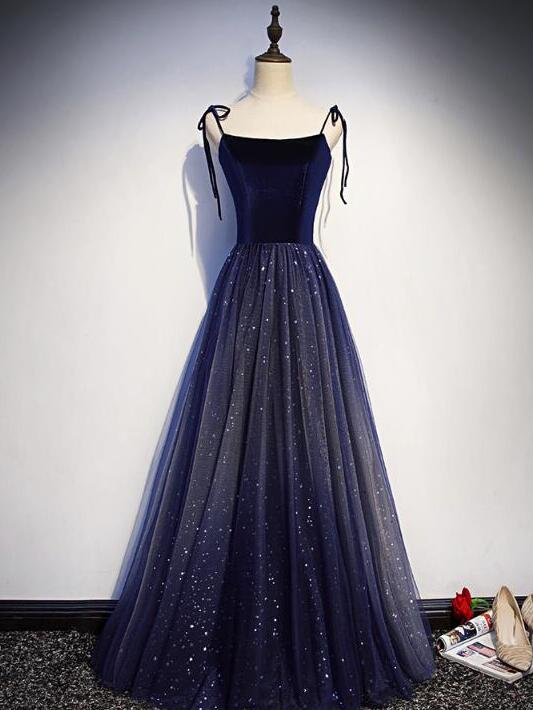 A Line Navy Blue Velvet And Tulle Straps Party Dresses