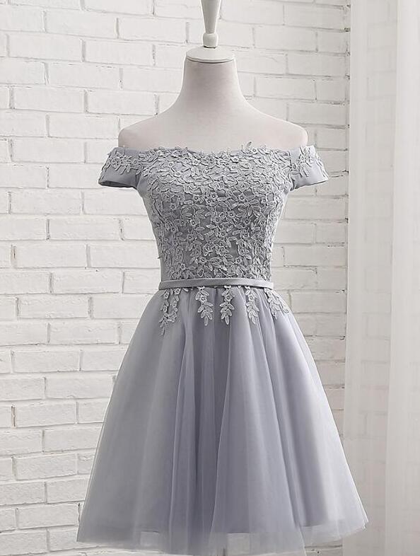 Off Shoulder Grey Lace Applique Cute Homecoming Dress
