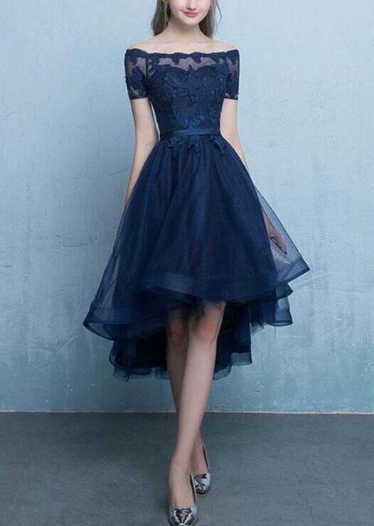 Chic Navy Blue Tulle High Low Prom Dress With Lace Applique