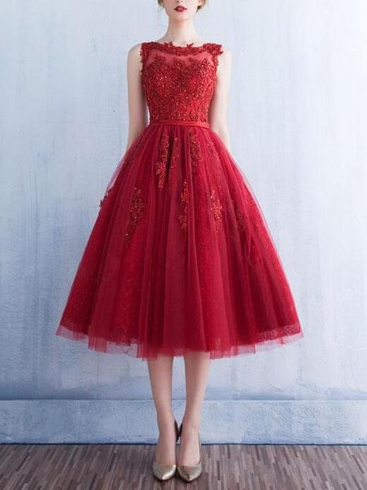 Dark Red Tulle Tea Length Homecoming Dress With Lace Applique