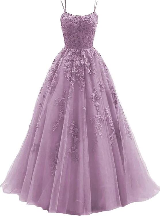 Spaghetti Strap Tulle Prom Dress Ball Gown Lace Appliques