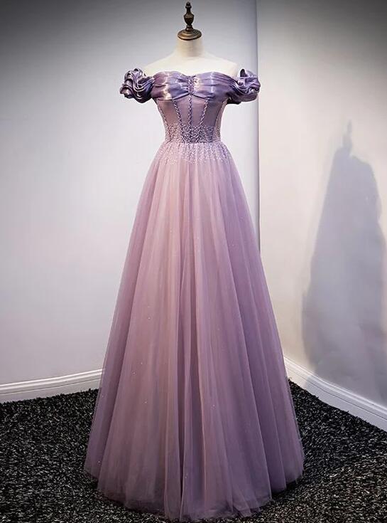 Off The Shoulder Purple Tulle Beading Sequins Prom Dresses