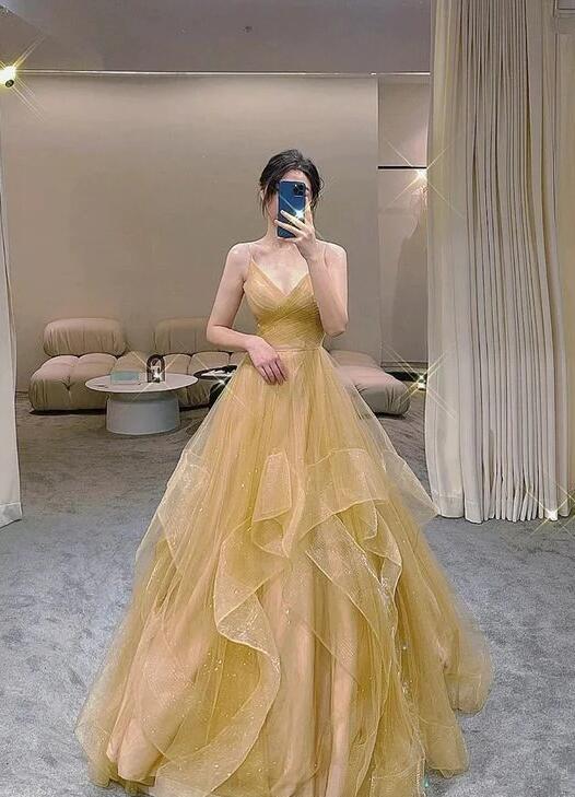 navy blue dress for baby girl Sparkly A-Line Backless Gold Spaghetti Straps Long Prom Dresses, FC2351 main image 0