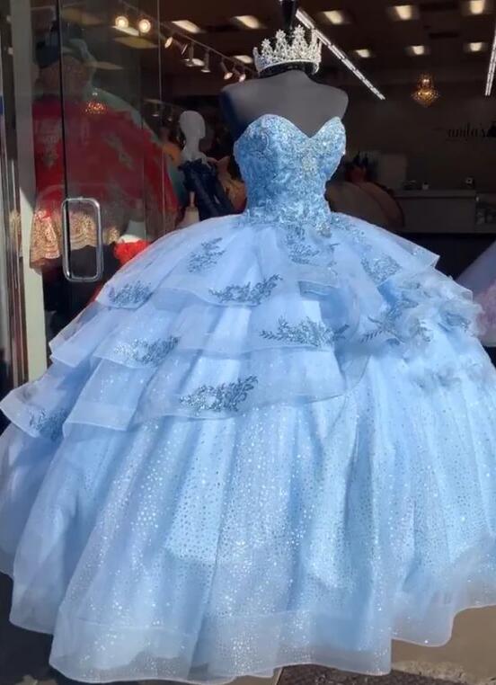 Ball Gown Puffy Blue Prom Dress With Lace