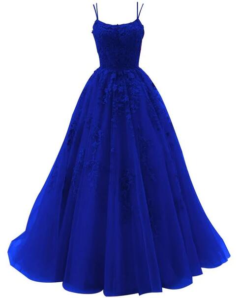 Spaghetti Strap Royal Blue Prom Dress Ball Gown Lace Appliques