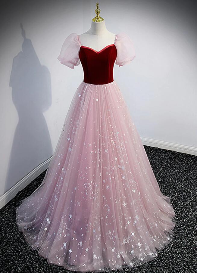 A Line Pink Tulle Prom Dress With Wine Red Velvet