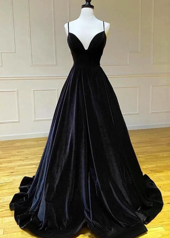 A Line Black Velvet Straps V-neckline Long Party Dress
