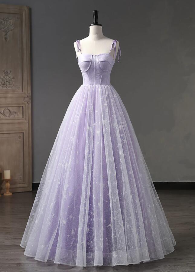 Ball Gown Lavender Tulle Floral Straps Floor Length Party Dress