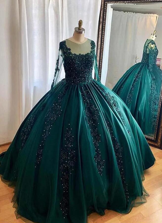 Dark Green Ball Gown Beaded Green Ball Gown Quinceanera Dress