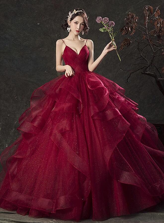 Ball Gown Glam Wine Red Tulle V-neckline Prom Dresses
