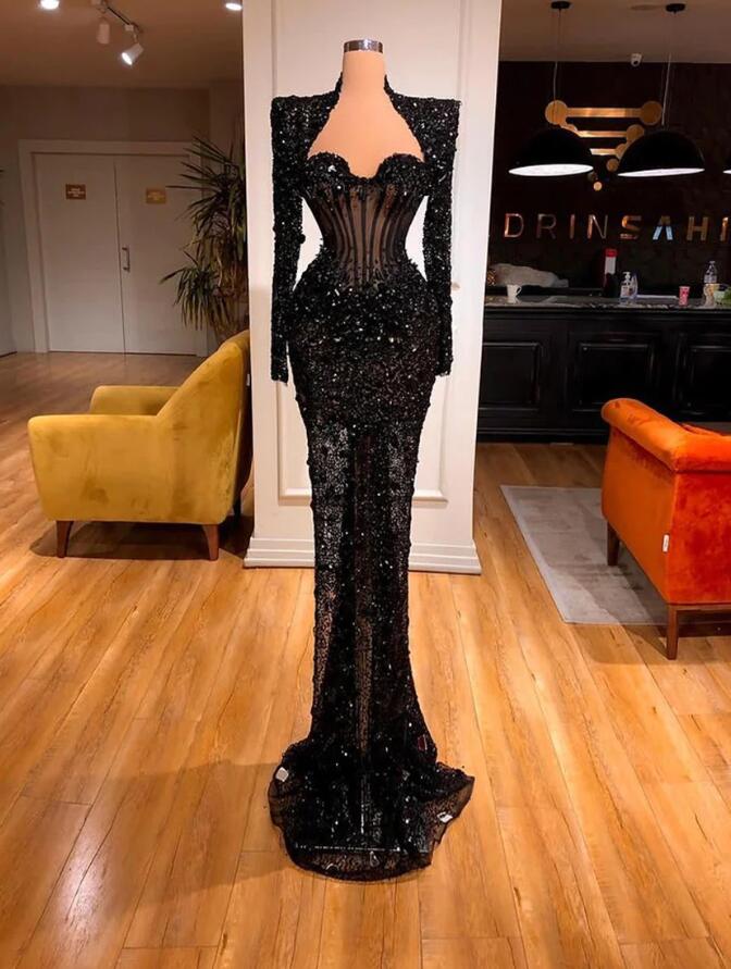 Elegant Black Mermaid Evening Dresses With Long Sleeve