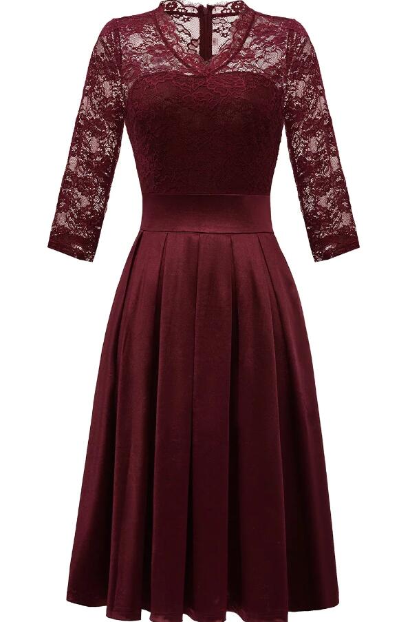 A Line Burgundy 3/4 Sleeves Lace Tea Length Formal Dress A Line Burgundy 3/4 Sleeves Lace Tea Length Formal Dress