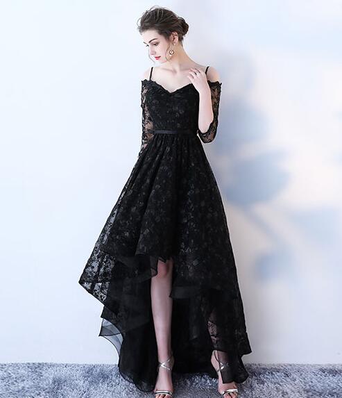A Line Black Lace High Low Prom Dresses