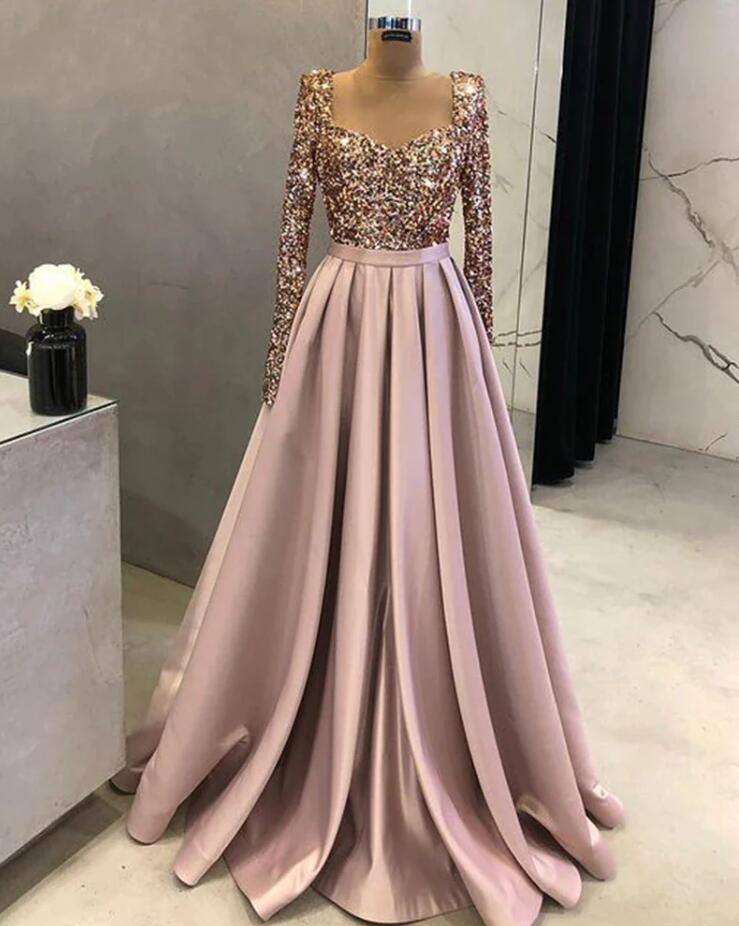 Luxury A-line Sequined Long Sleeve Evening Dress For Women