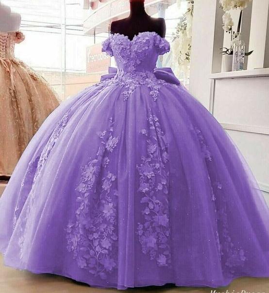 Off Shoulder Princess Floral Purple Quinceanera Dresses