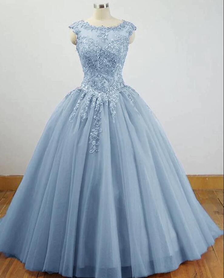 Charming Blue Tulle Long Ball Gown Prom Dress With Lace