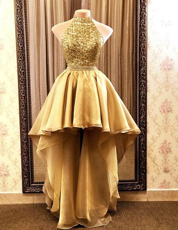 Halter Backless Gold High Low Sequin Organza Prom Dresses