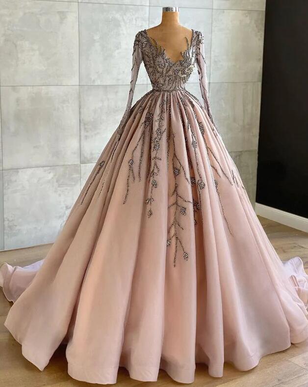 Elegant Ball Gown Luxury Long Sleeve V Neck Prom Dresses