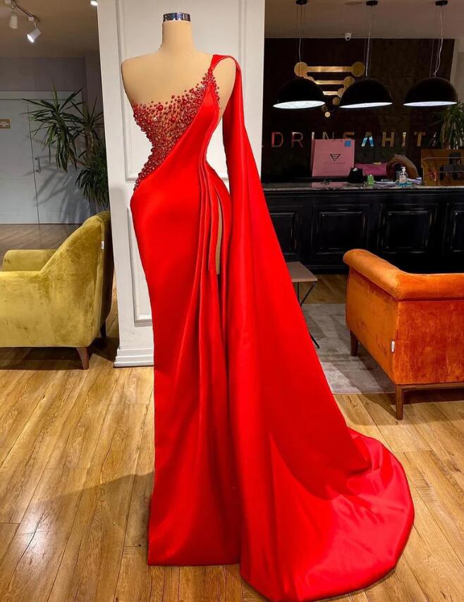Elegant One Shoulder Long Red Glitter Side Slit Prom Dresses